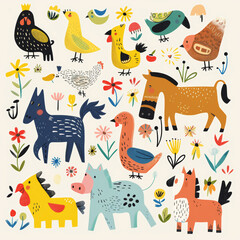 Adorable Vector Set of Simple Animal Drawings – Includes Kids' Illustrations of Dogs, Cats, Chickens, Horses, and Pigs in a Fun and Playful Cartoon Style