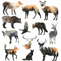 Obraz premium Elegant Vector Illustrations of Animal Silhouettes in Watercolor Style on a White Background – High-Resolution 8k Art Collection