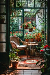 Cozy Patio with Chair, Table, and Plants with Natural Light and Relaxing Atmosphere.