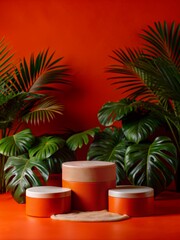 Elegant Product Display Podium with Tropical Leaves and Vibrant Orange Background for Modern and Stylish Presentations