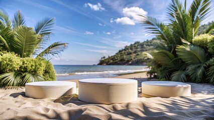 Fototapeta premium Elegant Podium Display on Tropical Beach with Palm Trees and Ocean Background for Product Presentation and Marketing