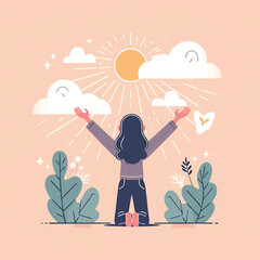 Obraz premium Girl with Arms Open in Worship: Flat Vector Illustration, Minimalist Design