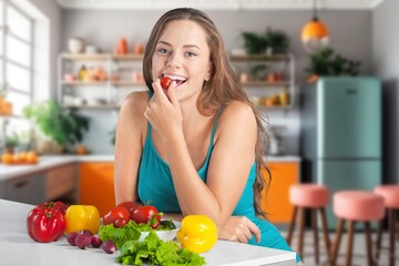 Sports Nutrition. Young slim Woman eat fruits