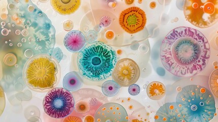Delicate watercolor scene of bacteria colonies on a Petri dish, vibrant hues depicting their organic patterns