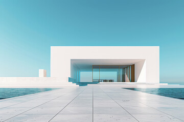 White Building on a blue sky backdrop.Modern concrete architecture.
