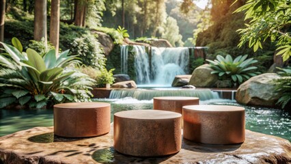 Elegant Podium for Product Display in Serene Natural Setting with Waterfall and Lush Greenery, Ideal for Showcasing Beauty, Wellness, and Eco-Friendly Products