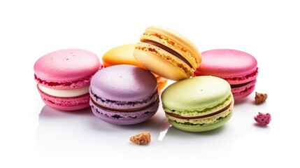 macarons isolated on white background. Sweet levitated French sandwich cookies