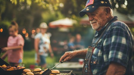 Memorial Day, Independence Day. Veteran day. Veteran flipping burgers at a cookout with an American flag softly blurred in the background.
