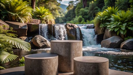 Obraz premium Elegant Stone Podium for Product Display in Serene Natural Setting with Waterfall and Lush Greenery, Perfect for Showcasing Beauty, Wellness, and Eco-Friendly Products
