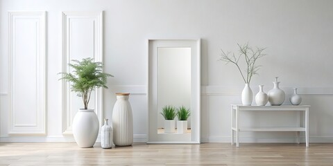 Beautiful white home interior with vases and mirror , elegant, stylish, modern, luxury, interior design, home decor, minimalistic, clean, spacious, bright, serene, peaceful, classy, chic