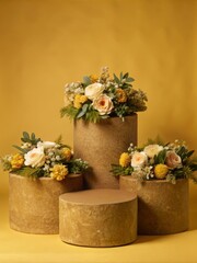 Elegant Display Podium with Floral Arrangements on Yellow Background for Product Presentation and Decoration