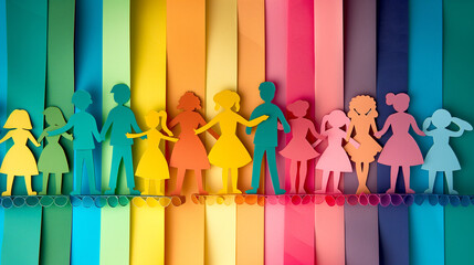 Paper cut-out figures of various people, each unique, join hands against a vibrant multicolored striped background. composition symbolizes unity, cooperation, and social harmony. Spectrum of Society