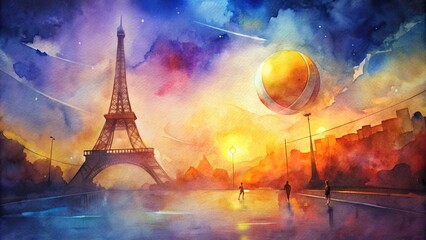 Vibrant watercolor of volleyball near the Eiffel Tower, volleyball, Eiffel Tower, watercolor, vibrant, sport, travel, Paris, landmark, architecture, artwork, painting, recreational, play