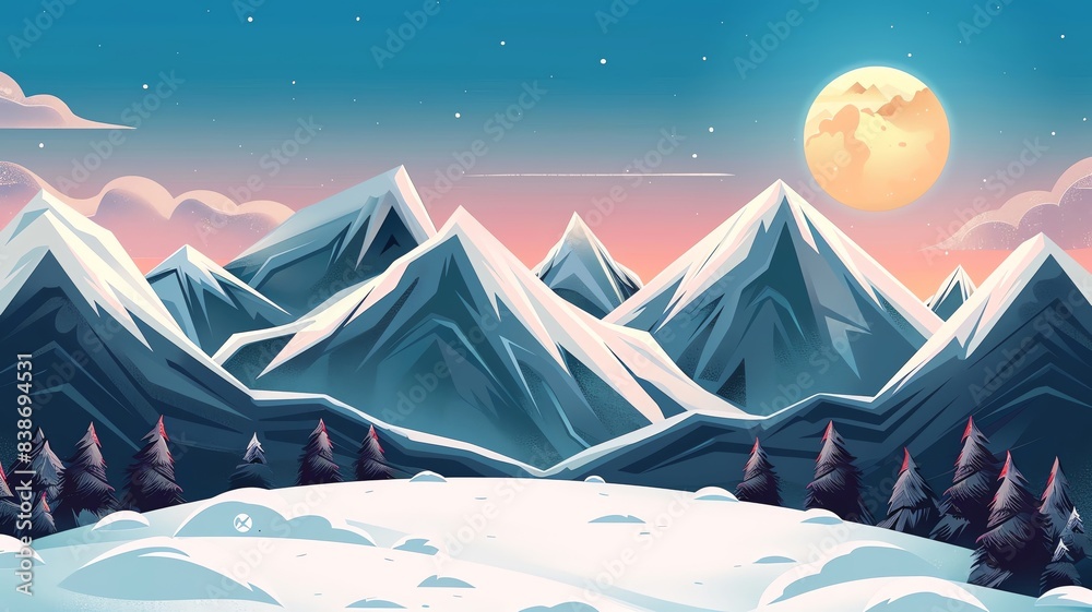 Poster a flat design background with mountain peaks creating a wave pattern across the top, with free copy 