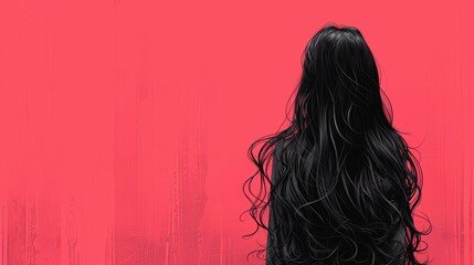 Back view of girl long black hair on red background
