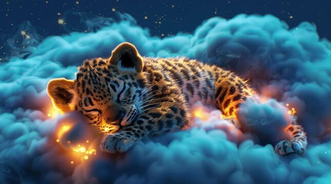 Peaceful leopard sleeping gracefully on a fluffy white cloud, a surreal and tranquil scene.
 Seamless looping 4k time-lapse virtual video animation background. Generated AI