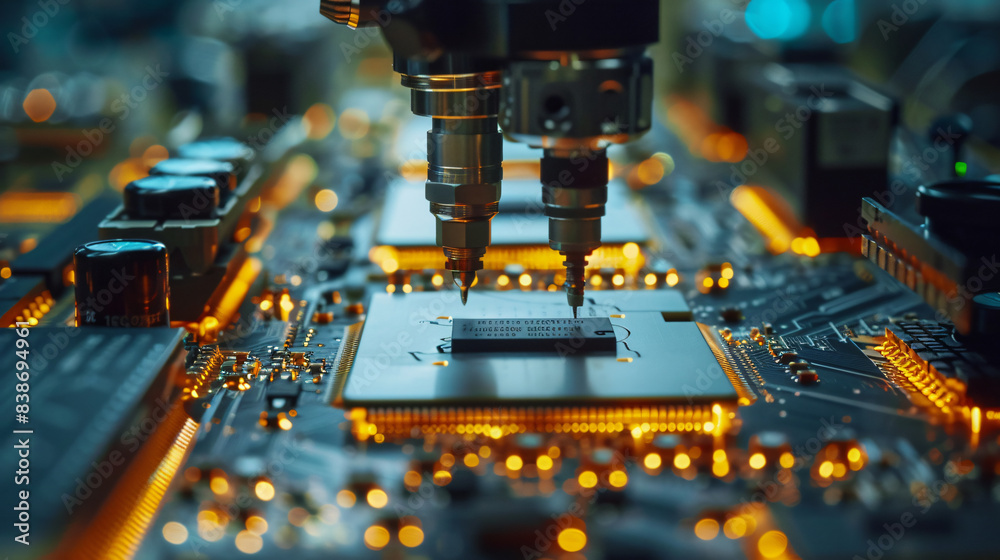 Poster robotic arm assembling circuit board for technology background with copy space text for website