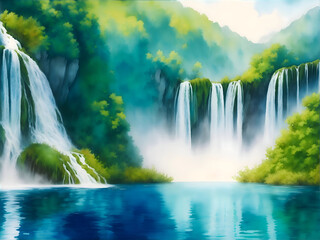 Plitvice Lakes National Park Croatia Country Landscape Watercolor Illustration Art