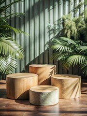 Elegant Wooden Podium Display with Tropical Plants and Natural Light - Ideal for Showcasing Products in a Modern, Eco-Friendly Setting
