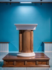 Elegant Wooden Podium for Product Display in Modern Interior Setting with Blue Background and Subtle Lighting