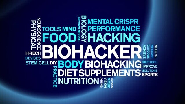 Biohacker animated word cloud;text design animation tag kinetic typography seamless loop.