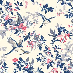 Fototapeta premium A seamless pattern of birds in flight and floral arrangements, creating a dynamic and lively design