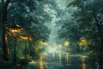 Obraz premium rain falling around trees in digital painting Oil Painting style, with hues of light emerald and azure creating a fantastical street ambiance.