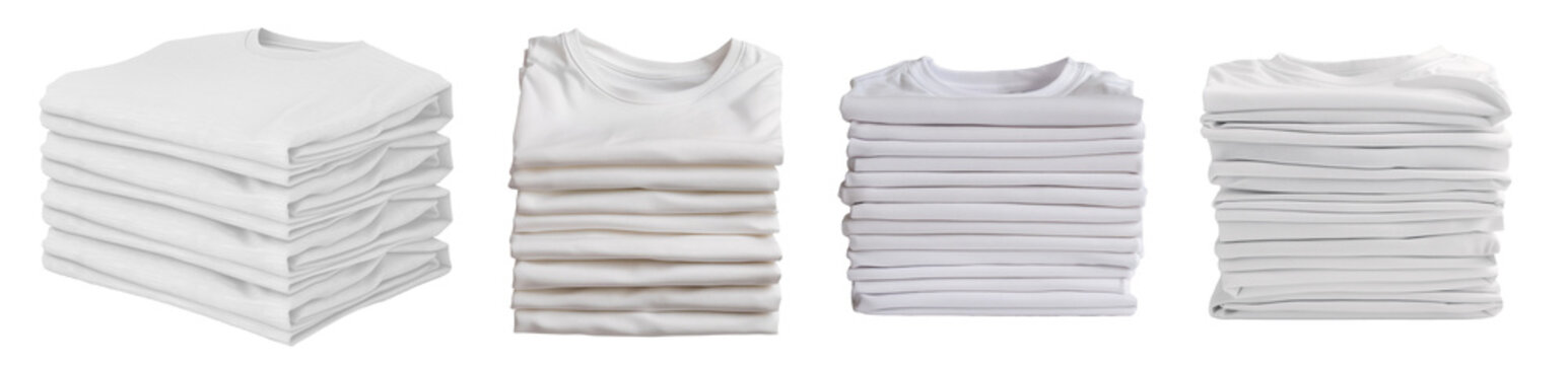 Set of stack and neatly folded t-shirts in white color tone on a transparent background. Isolated mockup of clothes in front, top, and isometric view.