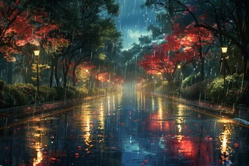rain falling around trees in digital painting Oil Painting style, with hues of light emerald and azure creating a fantastical street ambiance.