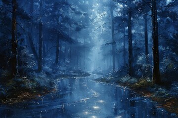 Fototapeta premium rain falling around trees in digital painting Oil Painting style, with hues of light emerald and azure creating a fantastical street ambiance.