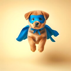 Fototapeta premium create a image of hero puppy, a Cute orange tabby puppy with a red cloak and mask jumping and flying on light yellow background with copy space. The concept of a superhero, super puppy,ai_generated