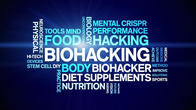 Biohacking animated word cloud;text design animation tag kinetic typography seamless loop.