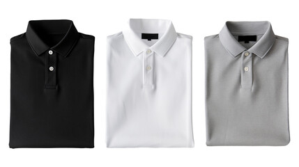 Mockup of clothes collections for an advertisement, poster, or art design. Three basic white, grey, and black neat folded polo shirts are displayed on a transparent background.