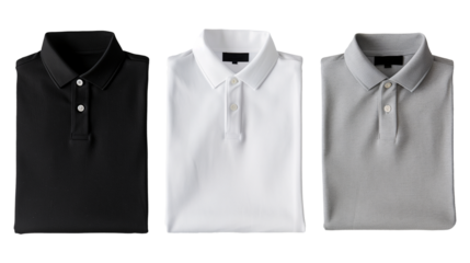 Mockup of clothes collections for an advertisement, poster, or art design. Three basic white, grey, and black neat folded polo shirts are displayed on a transparent background.