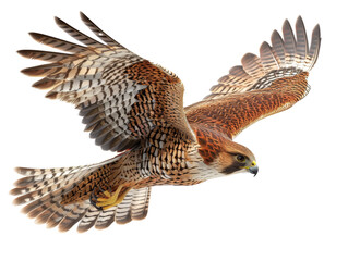 Fototapeta premium A majestic hawk in mid-flight with wings outstretched, showcasing its detailed feathers against a clear background.