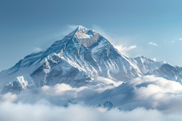The majestic Mount Everest peering through the clouds, with a clear blue sky, highlighting the allure of the Himalayas. Showcasing the beauty of nature for Ads, banner. Generative AI