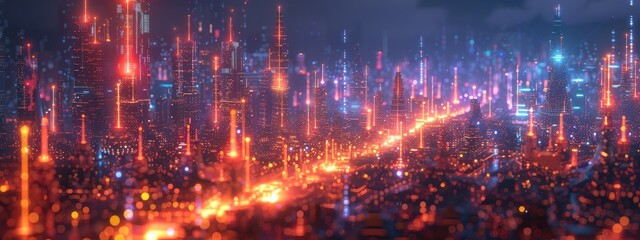 Obraz premium Futuristic Cityscape with Neon Lights and High-Tech Skyscrapers at Night