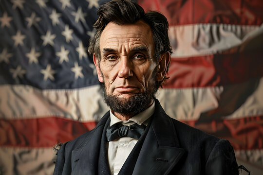 A patriotic portrait of Abraham Lincoln with the American flag background, suitable for celebrating his birthday and honoring his legacy. - Powered by Adobe