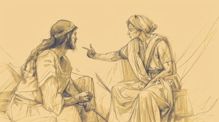 Deborah and Barak: Judges 4 Biblical Illustration, Defeat of Sisera, Jael's Heroic Act, Beige Background, copyspace