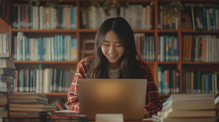 A young Asian woman smiles brightly as she uses her laptop in a library. - Powered by Adobe