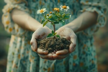 Hands Holding Seedling with Flowers Ring in Hope and Rebirth in Nature