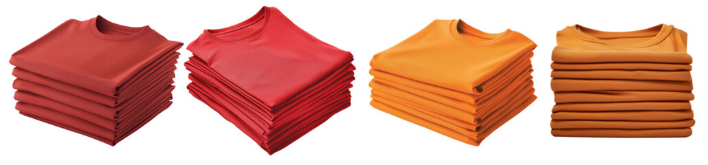 Set of stack and neatly folded t-shirts in red and orange color tone on a transparent background....