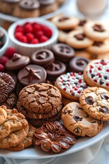 Assorted homemade cookies including chocolate chip, decorated, and filled, arranged on a plate with fresh raspberries in the background.