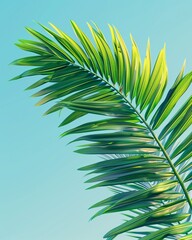 Single large palm leaf with a gentle curve, set against a bright blue sky, Natural, Green and blue, Digital Painting