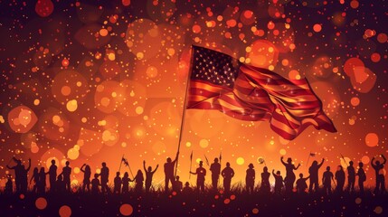 An American flag waving in the wind, with a background of people celebrating Independence Day