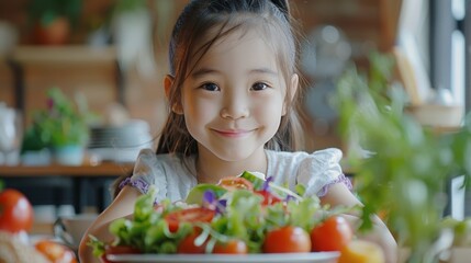 Happy kids enjoying fresh salad in the kitchen, healthy eating habits and nutrition
