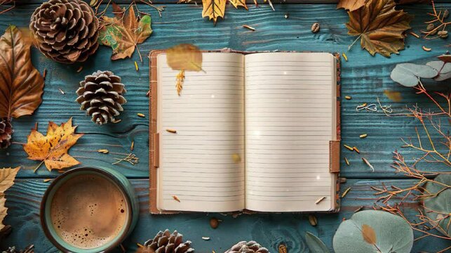 A blank notebook surrounded by pine cones, leaves and coffee on an oak table. A top view of the open book with white lined pages is placed in the center of the composition. The background has greenery
