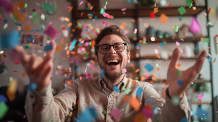 Obraz premium Happy Man in Modern Office Celebrating with Colorful Confetti