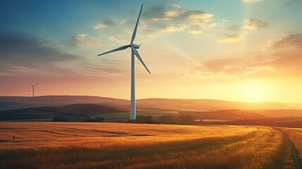 Obraz premium Photograph of a majestic wind turbine standing tall against a backdrop of golden wheat fields, bathed in the warm glow of the setting sun. 