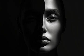 a woman, with half of her face illuminated and the other in shadow